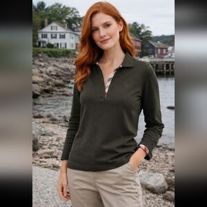 Burberry London Olive Nova Check Trim Long Sleeve Polo Top Size L